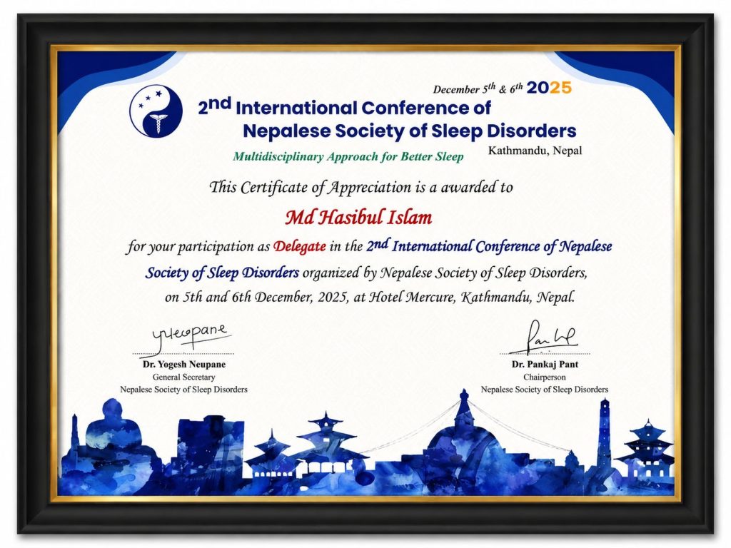 Certificate of Appreciation from the 2nd International Conference of the Nepalese Society of Sleep Disorders, issued to Md Hasibul Islam, Kathmandu Nepal, December 2025